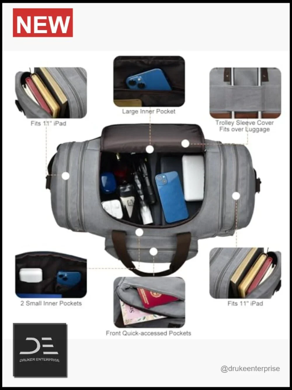 60L Expandable Canvas Travel Duffel Bag with Trolley Sleeve